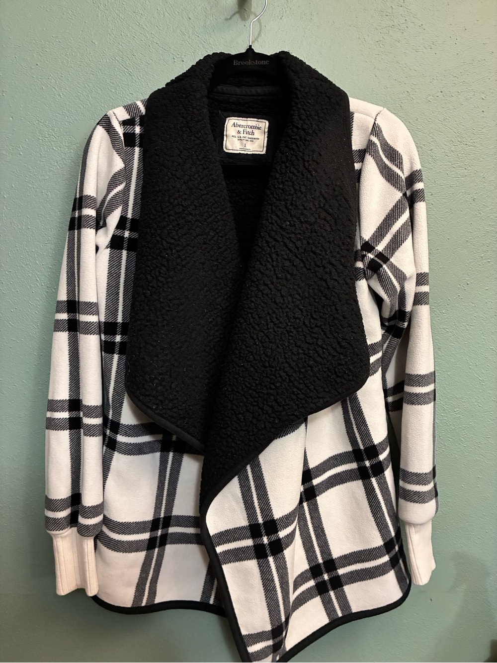 Abercrombie & Fitch Black and White Plaid Sherpa-Trim Draped Jacket